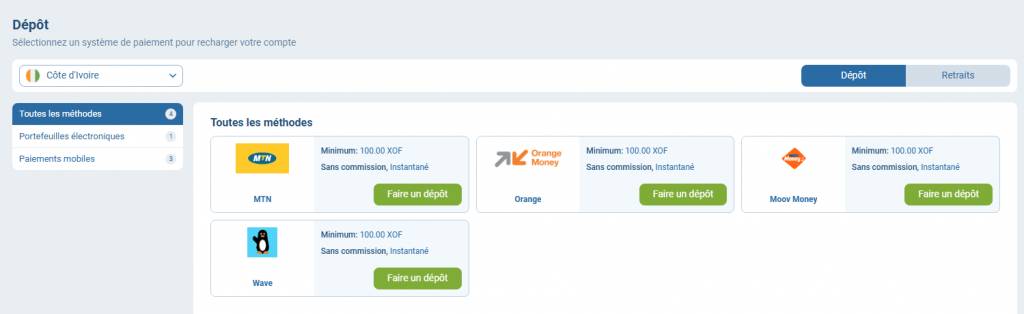 1xbet dépôt Côte d'Ivoire