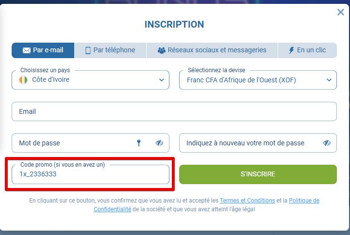 Code promo 1xBet inscription